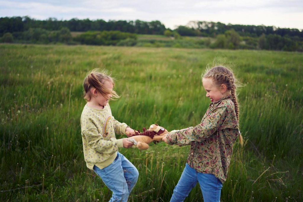 two little kids playing in a grassy field 