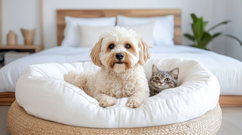 A dog and a cat sitting inside a holiday let's pet friendly room.
