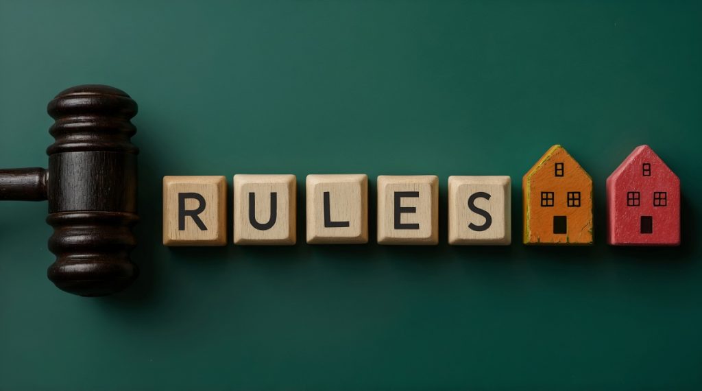 word rules spelled on small wooden blocks on green background