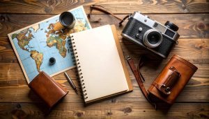 Vintage Travel Planning Map Camera and Leather Accessories on Rustic Wood